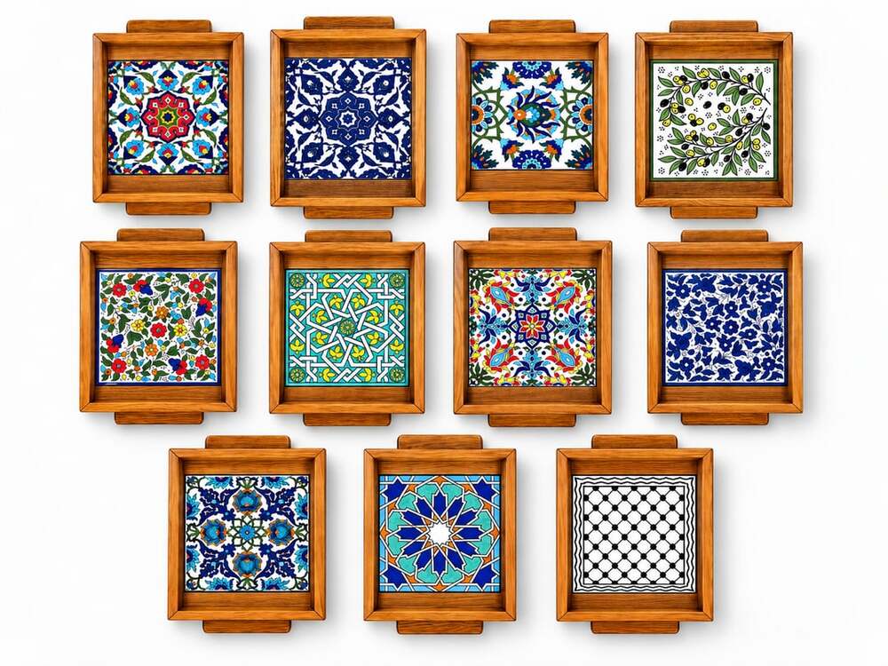 Wooden Tray With Oriental Ceramic Tiles in a Blue/white Mandala Pattern, Decorat